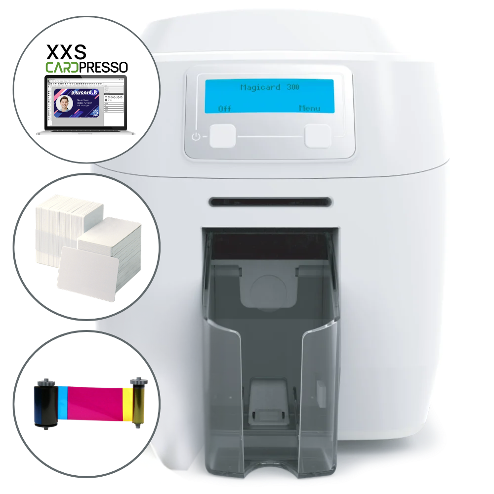 MAGICARD 300 PRO FRONTE RETRO + SET PER LA PRODUZIONE DI 300 CARD PVC A COLORI (SOFTWARE INCLUSO)